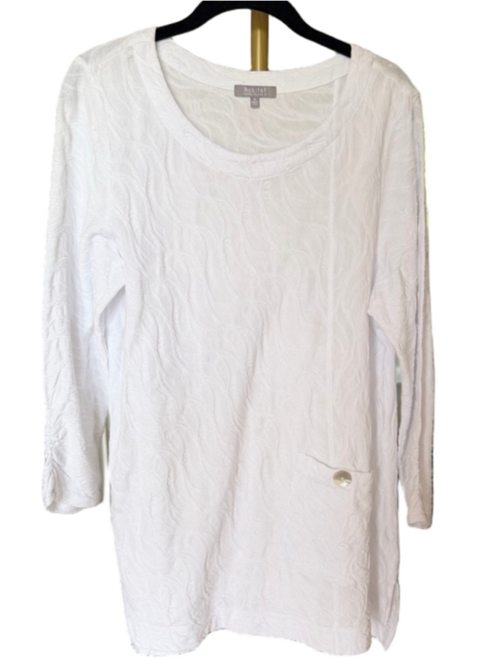 Habitat Stepped Hem Tunic M White Textured Cotton Lagenlook 3/4 Sleeve